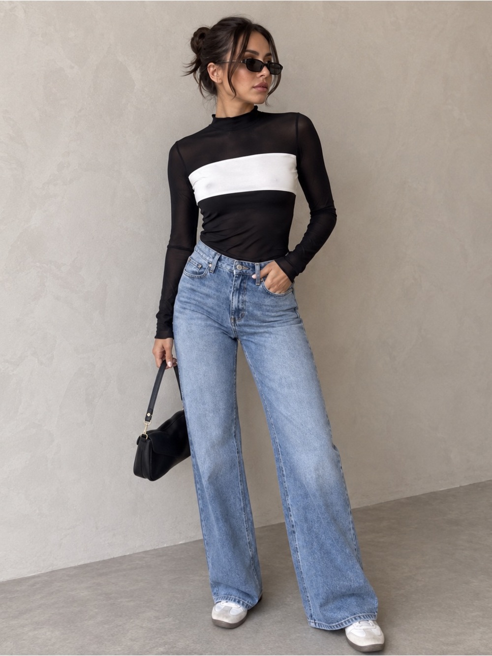 Commense Black and White Long Sleeve Mesh Top - Size M